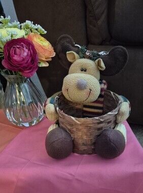 Plush Moose Winter Basket Accent - Brown and Cream Decorative Holder